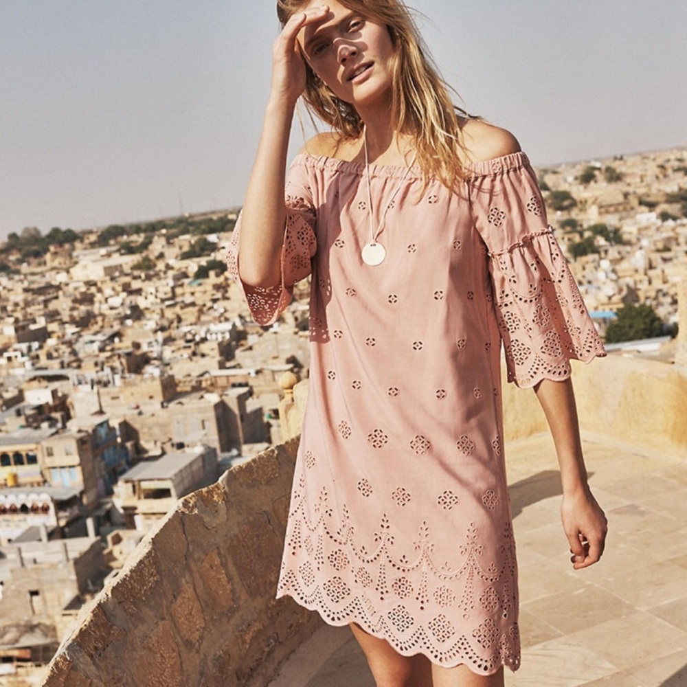 Madewell Eyelet Off the Shoulder Dress Dusty Pink